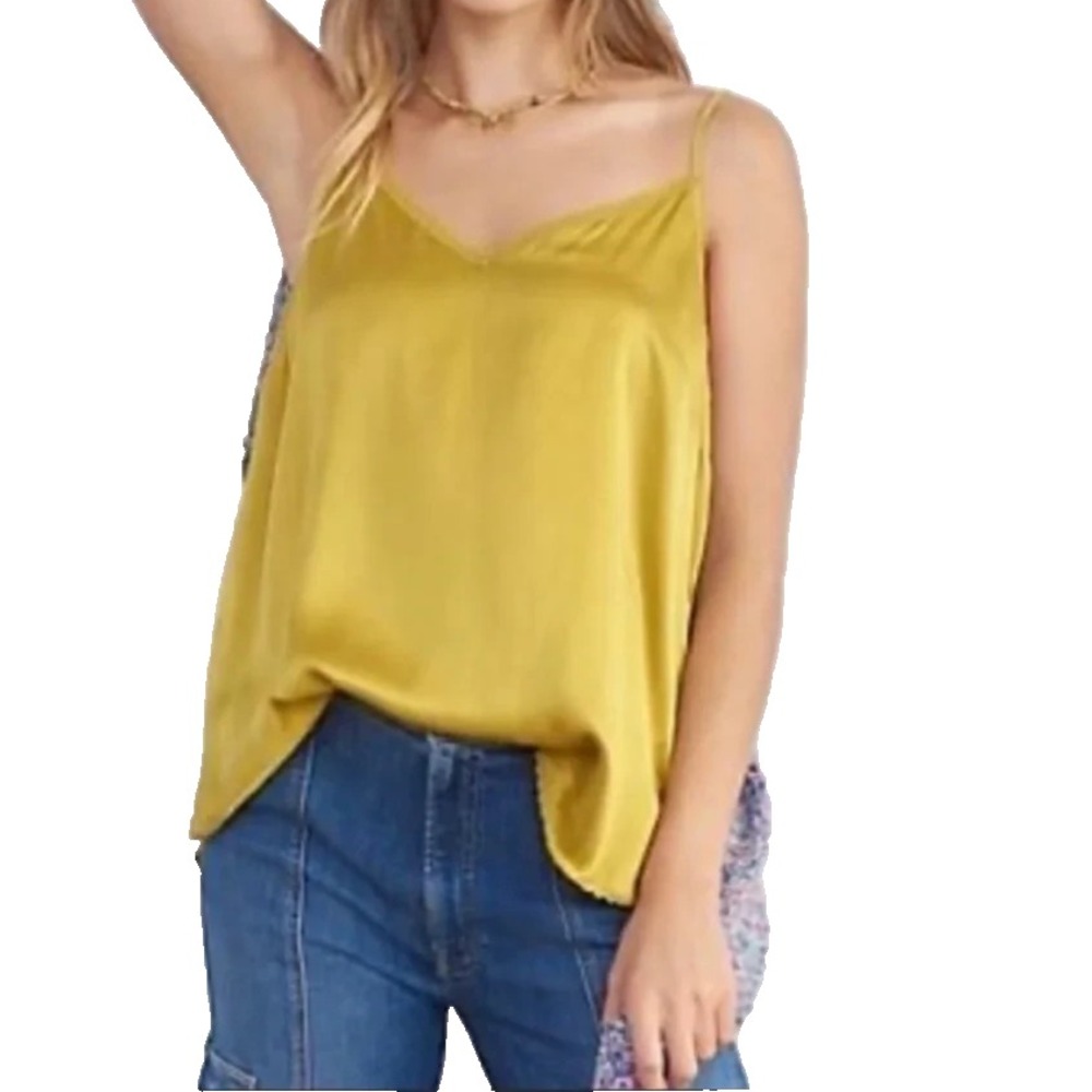 Anthropologie Camisole Colette 100% Silk Lace Trim Gold Mustard
